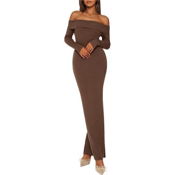 Women's Sweater Dress Long Sleeve Off Shoulder Brown - Picture 1 of 6